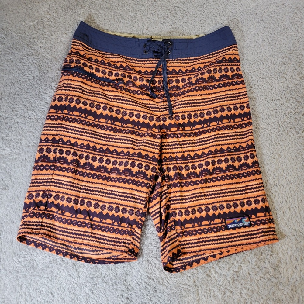 Patagonia Wavefarer Board Shorts Mens 28 Orange Aztec‎ Lightweight Swim Trunks